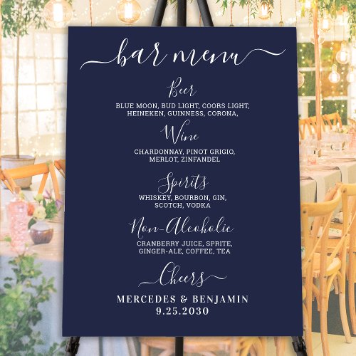 Wedding Bar Personalized Navy Blue Drink Menu Foam Board