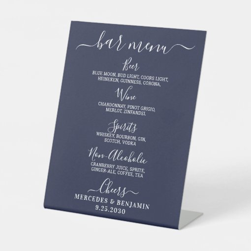 Wedding Bar Personalized Navy Blue Drink Menu Pedestal Sign Zazzle