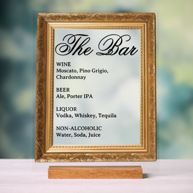 Wedding Bar Sign - Gold Frame Acrylic Display (Neutral)