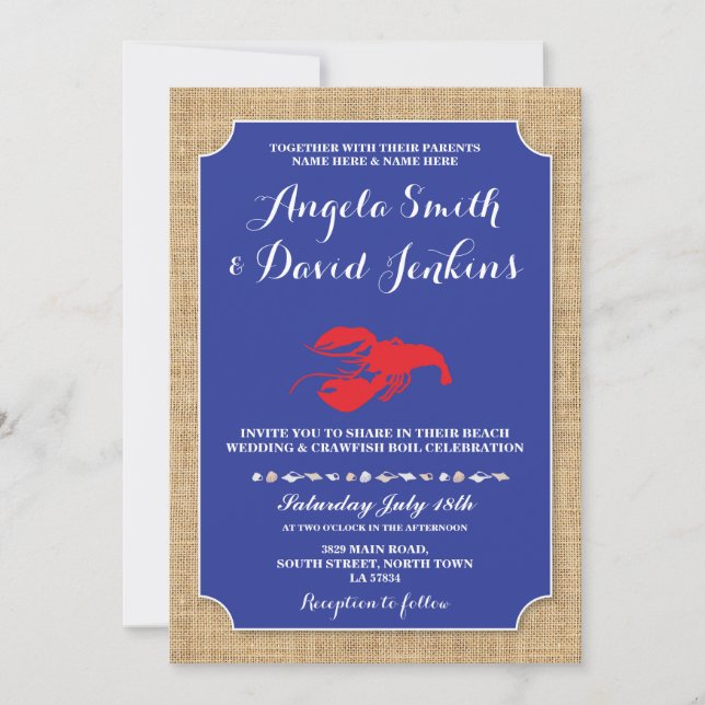 Wedding Beach Burlap Crawfish Boil Lobster Invite (Front)