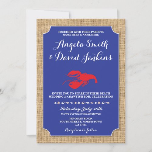 Wedding Beach Burlap Crawfish Boil Lobster Invite