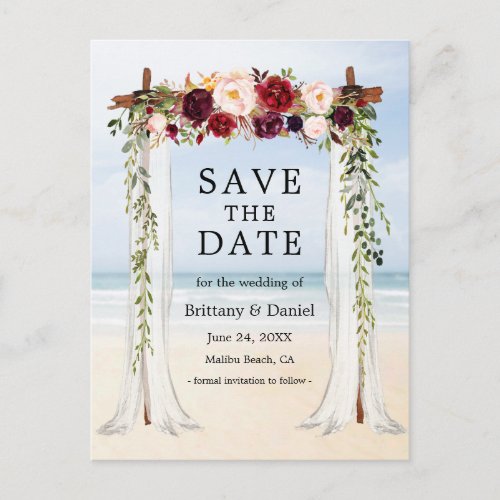 Wedding Beach Canopy Watercolor Burgundy Floral Announcement Postcard