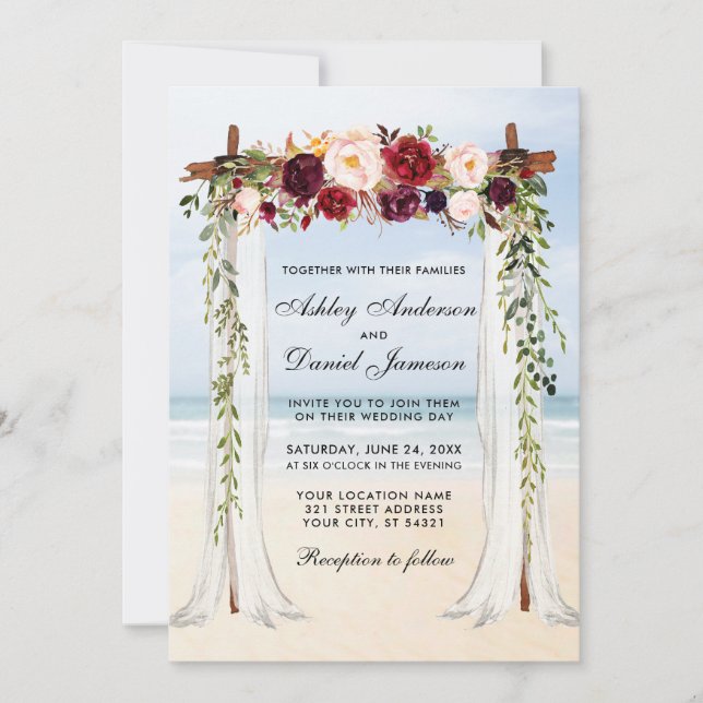 Wedding Beach Canopy Watercolor Burgundy Floral Invitation (Front)