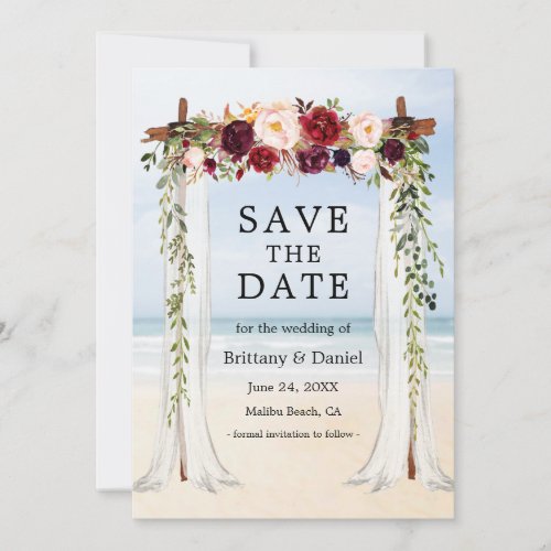 Wedding Beach Canopy Watercolor Burgundy Floral Save The Date