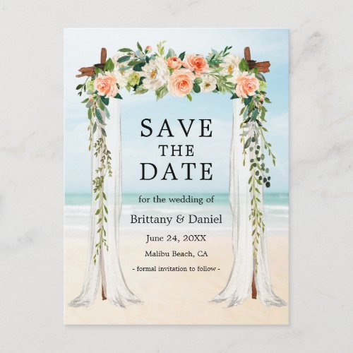 Wedding Beach Canopy Watercolor Coral White Floral Announcement Postcard