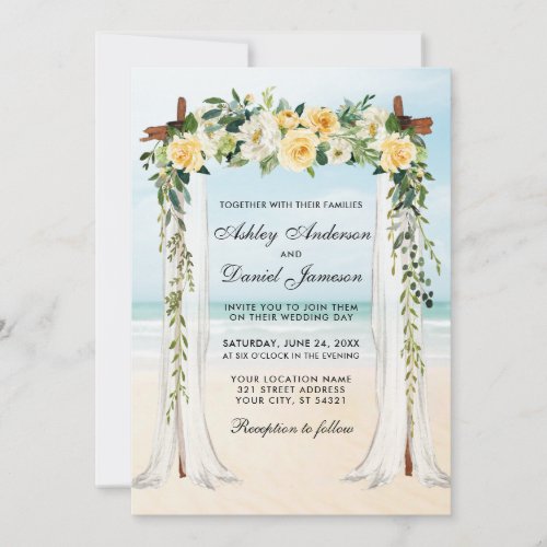 Wedding Beach Canopy Watercolor Floral Yellow Gold Invitation