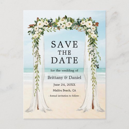 Wedding Beach Canopy Watercolor Green White Floral Announcement Postcard