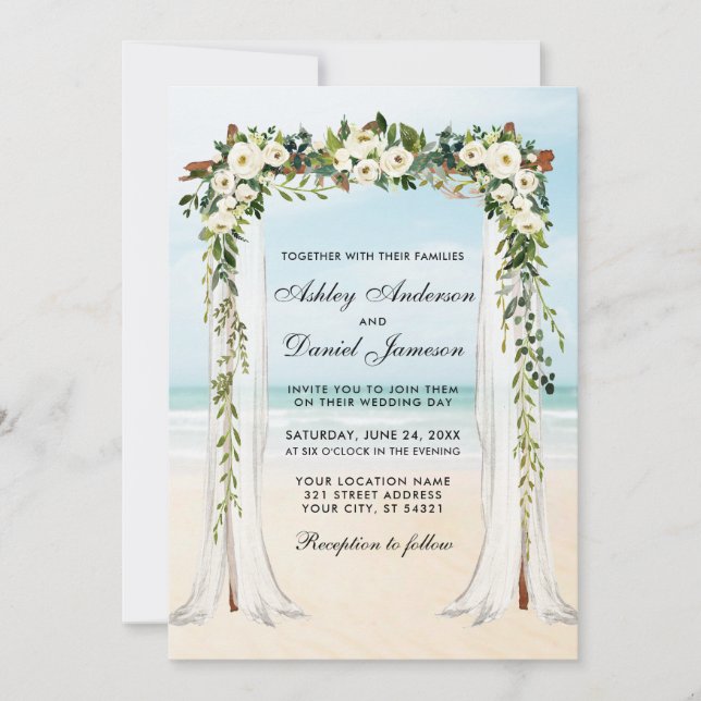 Wedding Beach Canopy Watercolor Green White Floral Invitation (Front)