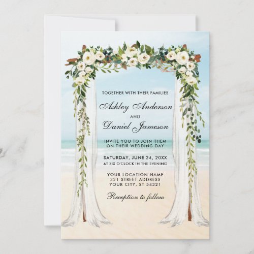 Wedding Beach Canopy Watercolor Green White Floral Invitation