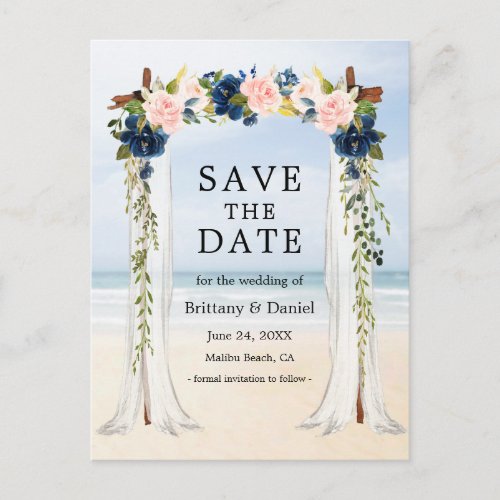 Wedding Beach Canopy Watercolor Pink Blue Floral Announcement Postcard