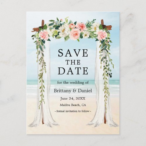 Wedding Beach Canopy Watercolor Pink White Floral Announcement Postcard
