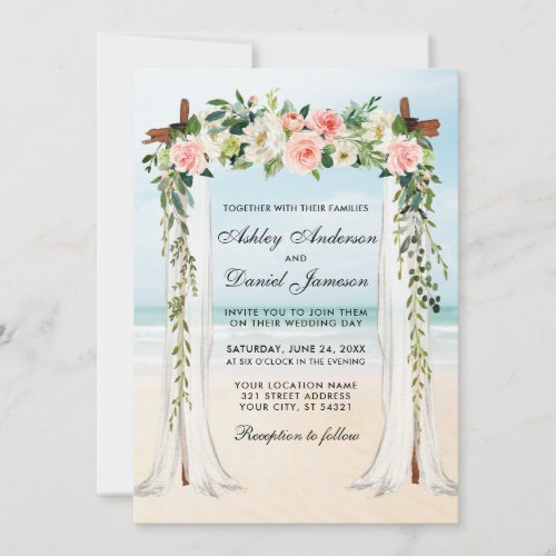 Wedding Beach Canopy Watercolor Pink White Floral Invitation