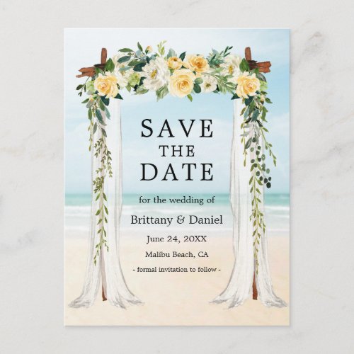 Wedding Beach Canopy Watercolor Yellow Floral Announcement Postcard