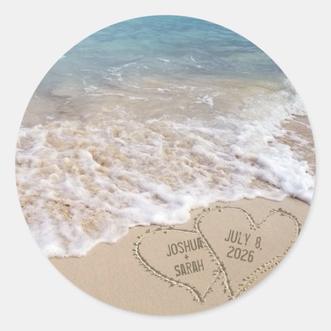 Wedding Beach Hearts Classic Round Sticker (Front)