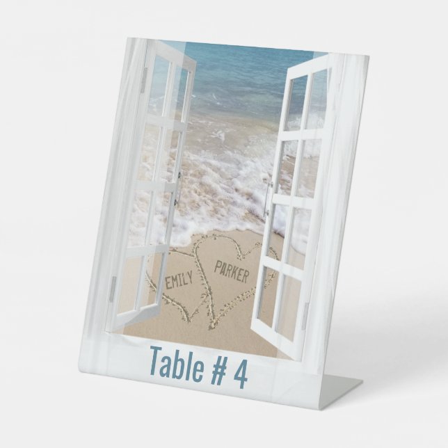 Wedding Beach Hearts In a Window Pedestal Sign (Front)