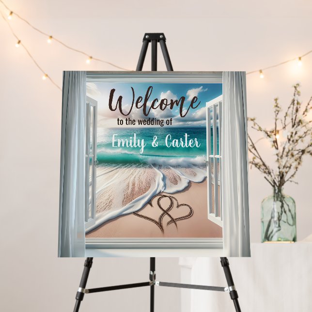 Wedding Beach Hearts In An Ocean Window Foam Board (In Situ (Stand))
