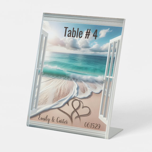 Wedding Beach Hearts In An Window Pedestal Sign (Front)