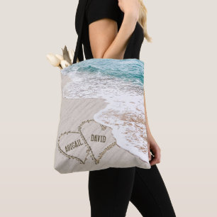 Wedding Beach Hearts In Sand With Names Tote Bag