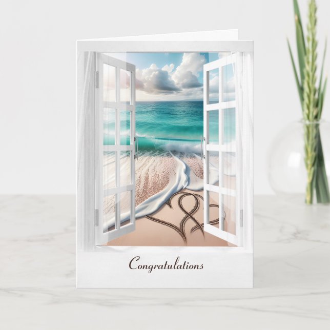 Wedding Beach Hearts In Window Card (Front)