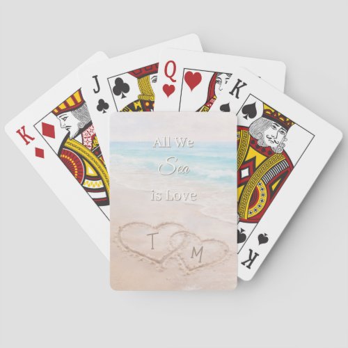 Wedding Beach Hearts Sand Monogrammed  Poker Cards