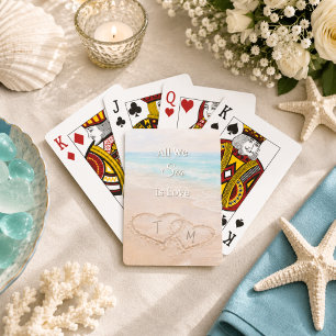 Wedding Beach Hearts Sand Monogrammed Poker Cards