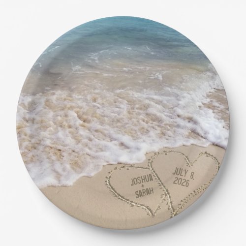 Wedding Beach Hearts with Names Paper Plates