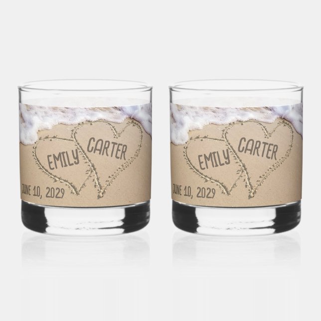 Wedding Beach Hearts with Names Whiskey Glass (Back)