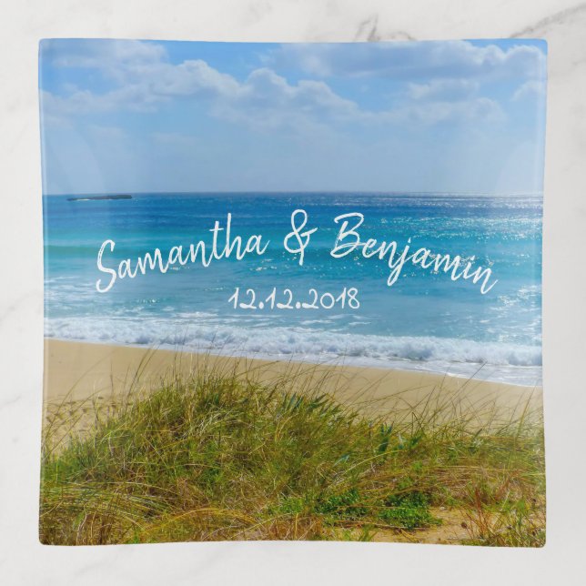 Wedding Beach Personalized Names and Save the Date Trinket Tray (Front)