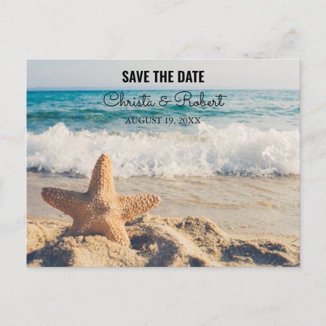 Wedding Beach Scene with Starfish Save The Date Postcard (Front)