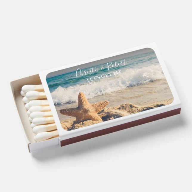 Wedding Beach Scene with Starfish Wedding Favor Matchboxes (Front Open)