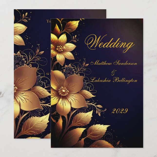 Wedding Beautiful Gold flowers Modern Invitation (Front/Back)