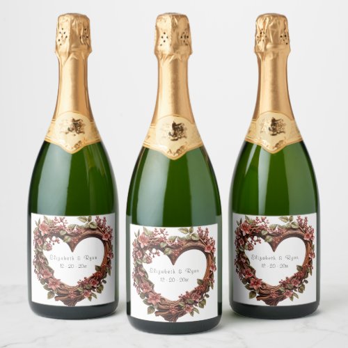 Wedding Beautiful Heart Wreath Red Flowers Sparkling Wine Label