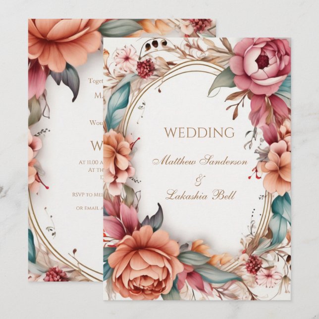 Wedding Beautiful Modern Boho Floral flowers  Invitation (Front/Back)