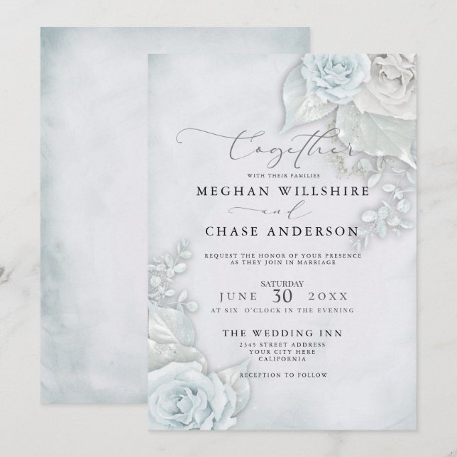 Wedding | Beautiful Pale Blue Roses Invitation (Front/Back)