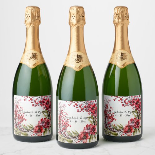Wedding Beautiful Red Flowers Leaves Greenery Sparkling Wine Label