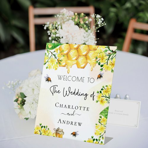 Wedding bee yellow florals honey welcome pedestal sign