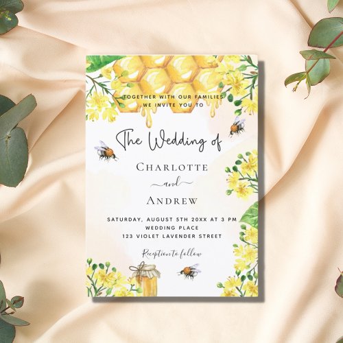 Wedding bees yellow florals honeycomb invitation