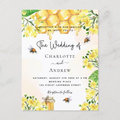 Wedding bees yellow florals honeycomb invitation postcard