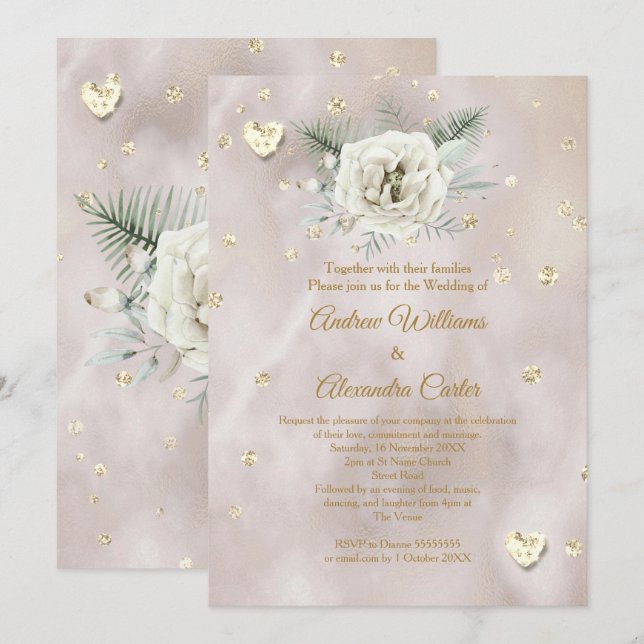 Wedding Beige Gold White Rose Hearts Glitter Invitation (Front/Back)