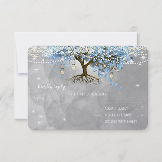 Wedding Bell Blue Heart Leaf Tree RSVP Card (Front)