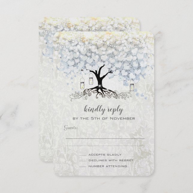 Wedding Bell Blue Heart Leaf Tree Wedding RSVP Invitation (Front/Back)