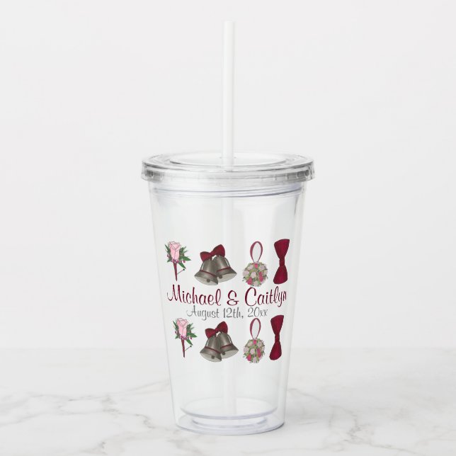 Wedding Bells Bow Tie Floral Bouquet Anniversary Acrylic Tumbler (Front)