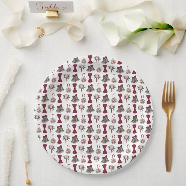 Wedding Bells Flowers Bow Tie Bridal Rose Bouquet Paper Plates (Wedding)