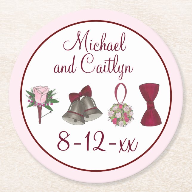 Wedding Bells Flowers Bow Tie Bridal Rose Bouquet Round Paper Coaster (Front)
