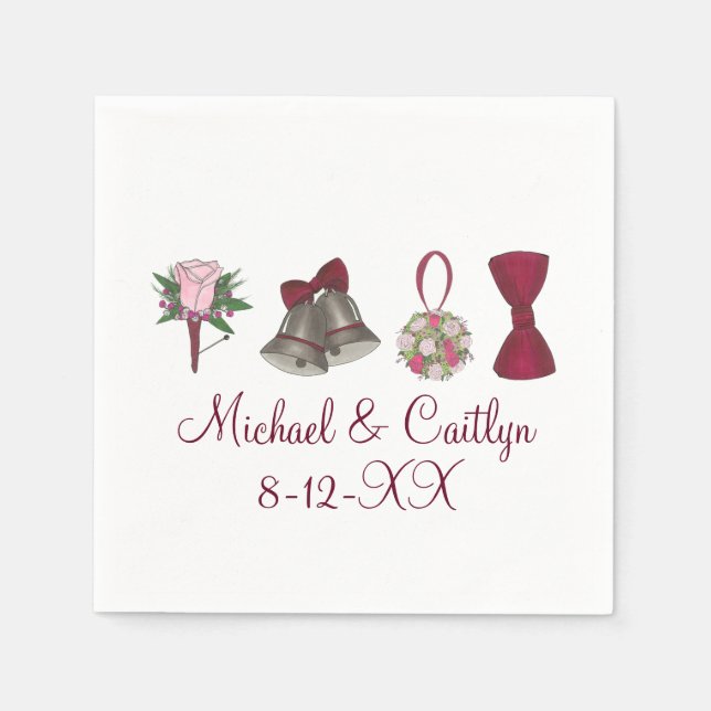 Wedding Bells Flowers Bow Tie Personalized Napkins (Front)