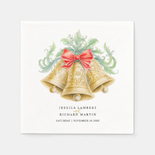 Wedding bells gold green with red bow watercolor napkins
