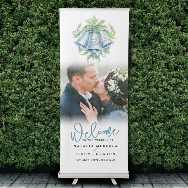 Wedding bells monogram watercolor wedding photo retractable banner (Creator Uploaded)