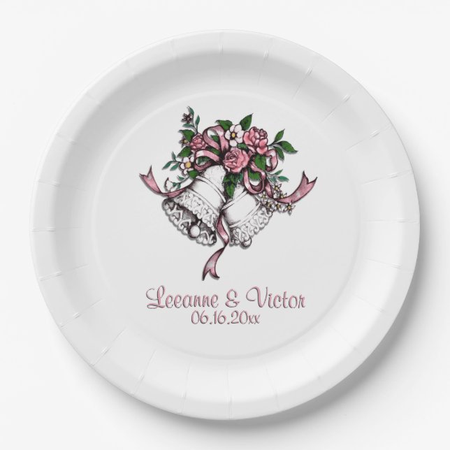 Wedding Bells Pink Names Date Personalized Paper Plates (Front)