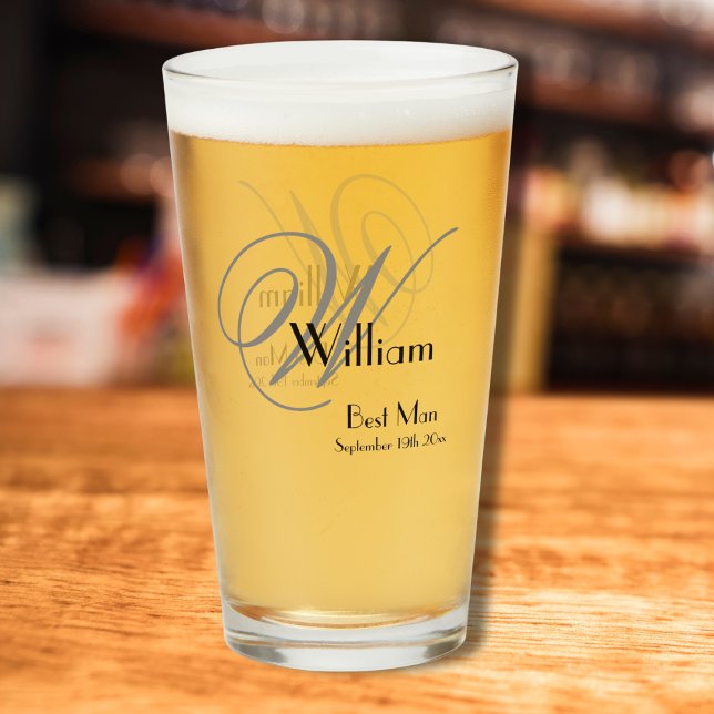 Wedding Best Man Gift Chic Monogram Name Cool Pint Glass (The Elegant Monogram with Name and Date makes for a Cool Pint Glass Gift for your Best Man.)