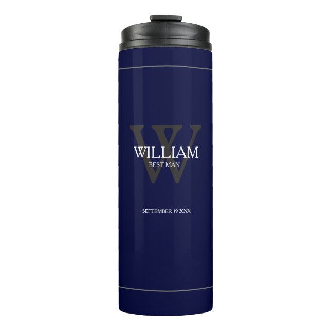 Wedding Best Man Gift Modern Monogram Cool Navy Thermal Tumbler (Front)